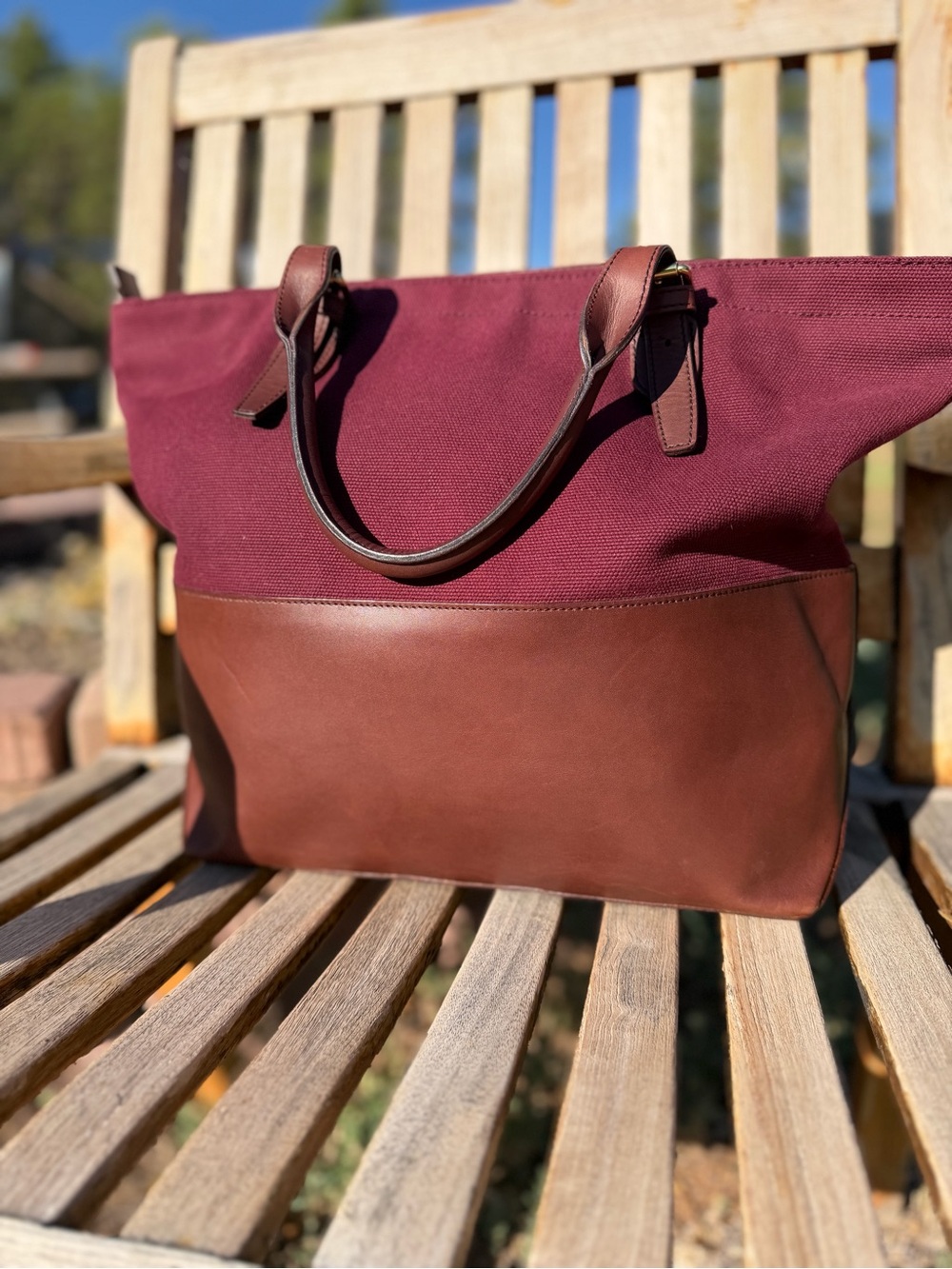 Ralph Lauren Burgundy Canvas and Brown Leather Tote